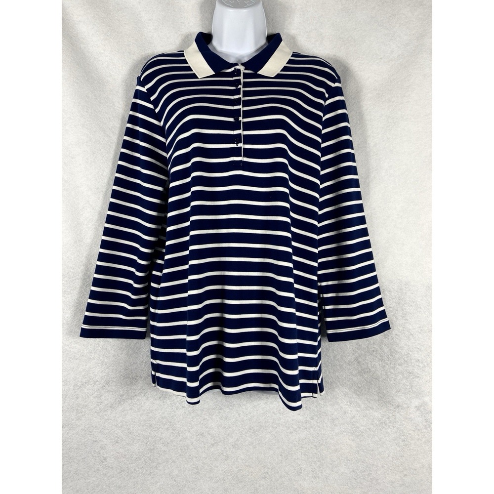 Lands End Polo Shirt Women's‎ XL Blue White Long Sleeve Striped Nautical New